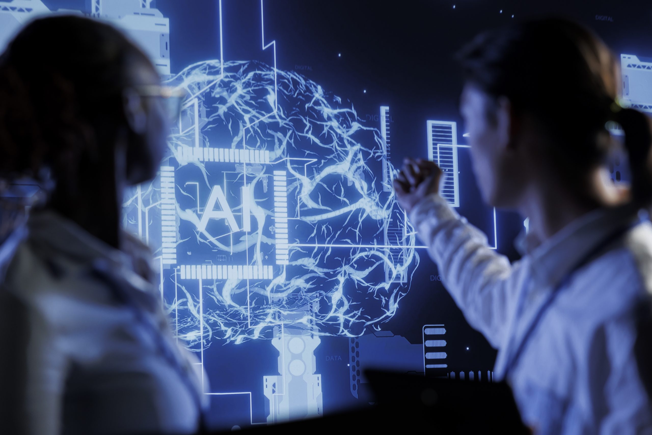 engenheiros de computação lidando comum sistema de inteligência artificial na empresa em que trabalham