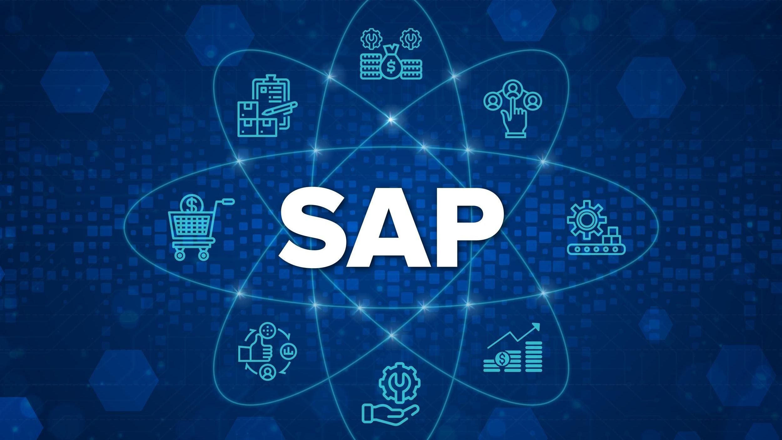 Nome SAP com vários ícones em volta simbolizando as áreas de atuação do sistema SAP em uma empresa